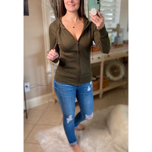 ❤️‍🔥Waffle Thermal Zip Up Hoodie Olive Green 0721 1322 - Picture 4 of 6